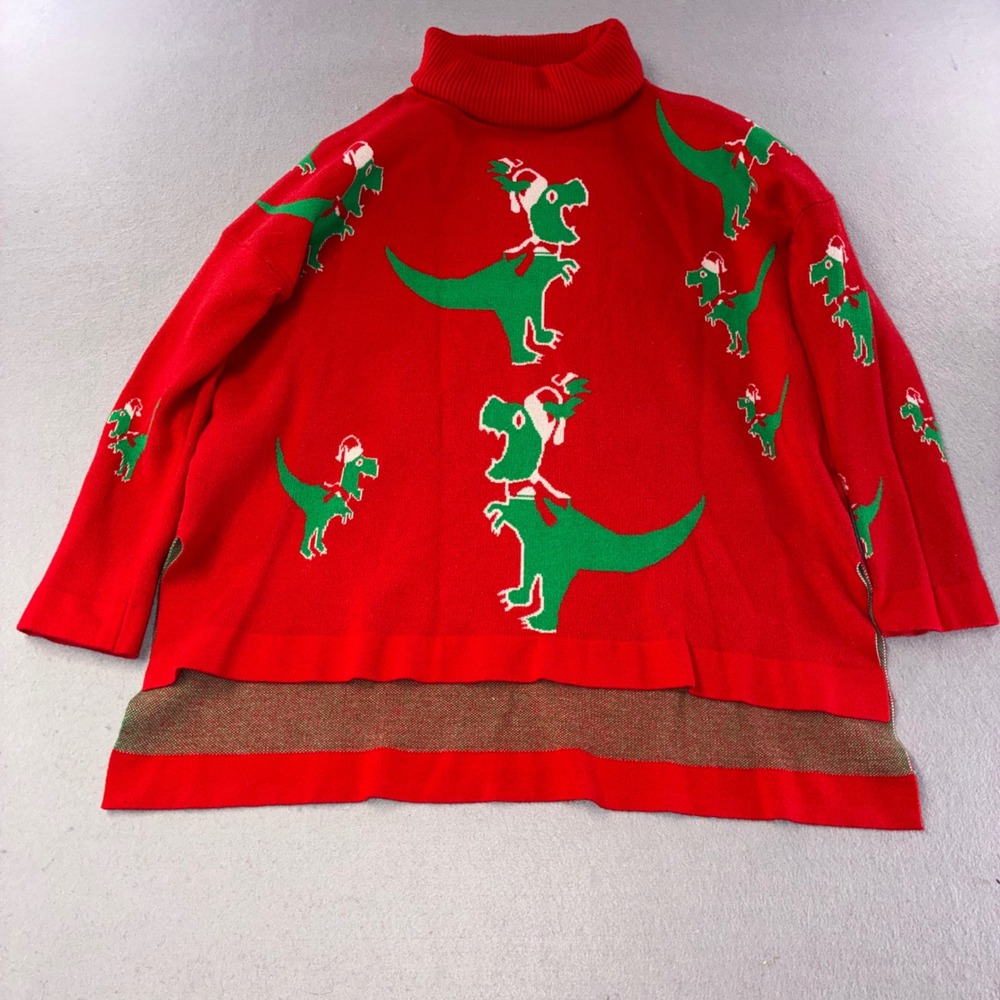 Holiday Dinosaur Turtleneck Sweater Womens XS Red Christmas T-Rex Funny
